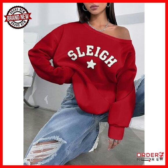 Off Shoulder Christmas Sweatshirt Women's Lightweight Y2K Holiday Top - Picture 3 of 6